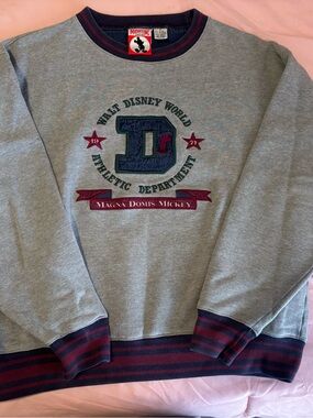 Disney Gray Crewneck Sweatshirt with Navy & Red Stripes